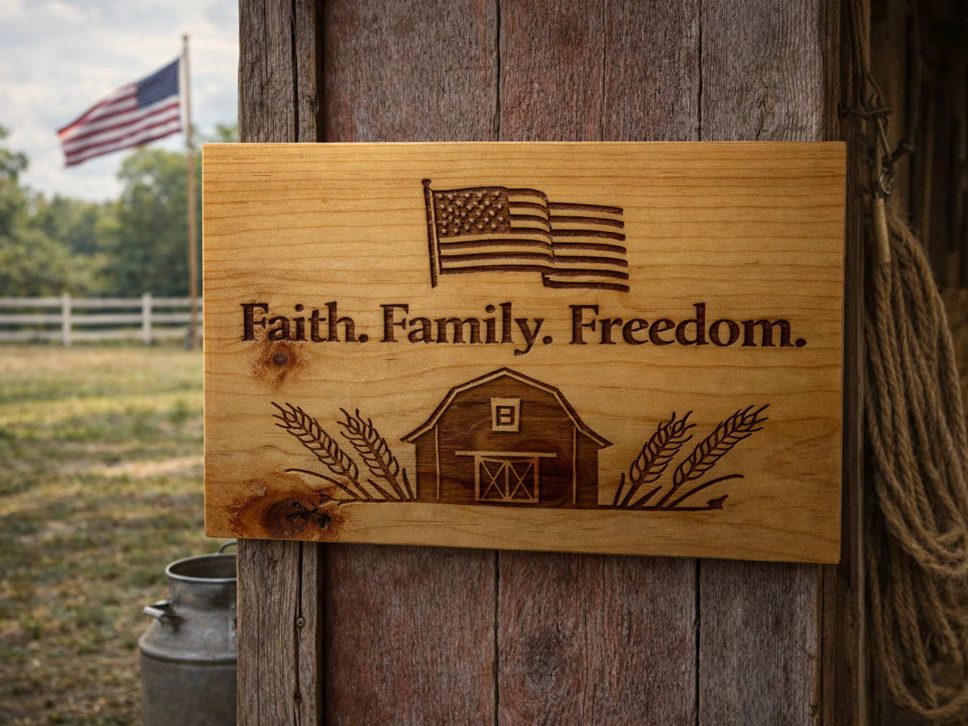 Faith. Family. Freedom. – Patriotic Farmhouse Barn Sign — free American flag wall art project file on Atomm
