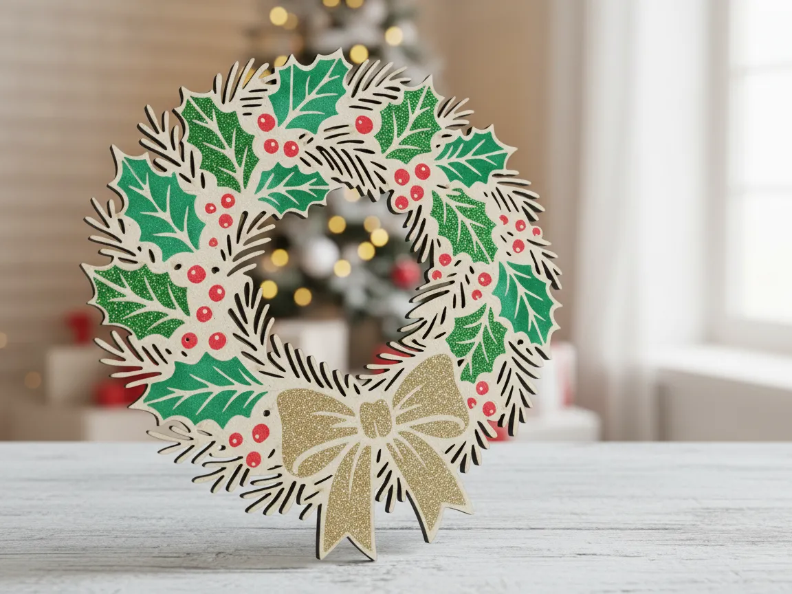 Lasergeschnittene Holz Weihnachtskranz Dekoration mit Grünen Stechpalmen und Goldschleife Weihnachts Türdekoration Idee