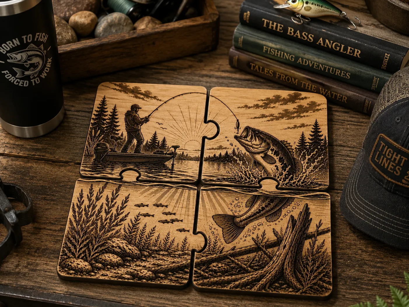 Bass Fishing Interlocking Coaster Set - No Waste