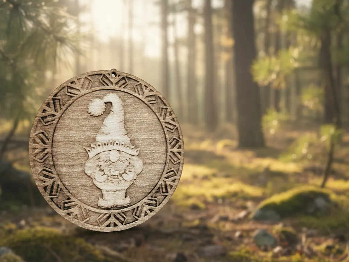 Wooden Christmas gnome ornament decorated with a Nordic engraved pattern