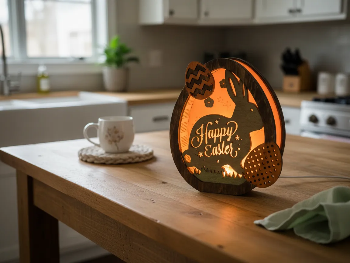 Happy Easter light-up egg tabletop sign with bunny silhouette glowing