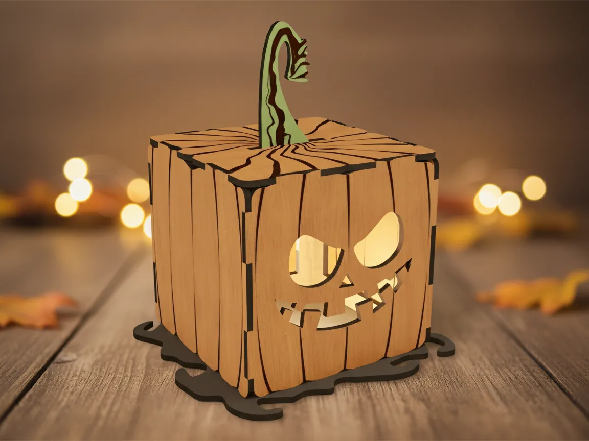 Drewniana latarnia dyniowa z świecącą twarzą Halloweenowa latarnia i pomysł na dekorację świetlną