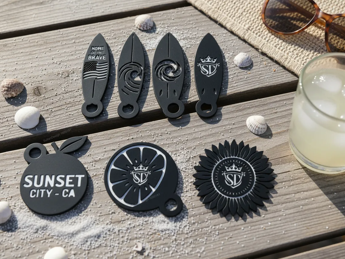 Black Surfboard and Citrus Themed Bottle Opener Keychains sports keychain design