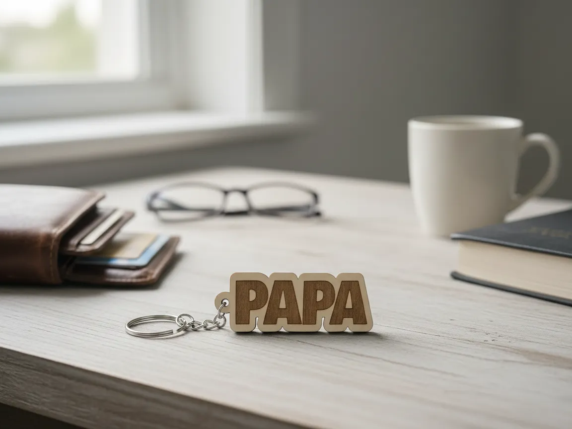 Porte-Clés en Bois avec Inscription Papa (Wooden Keychain with 'Papa' Engraving) father's day gift design