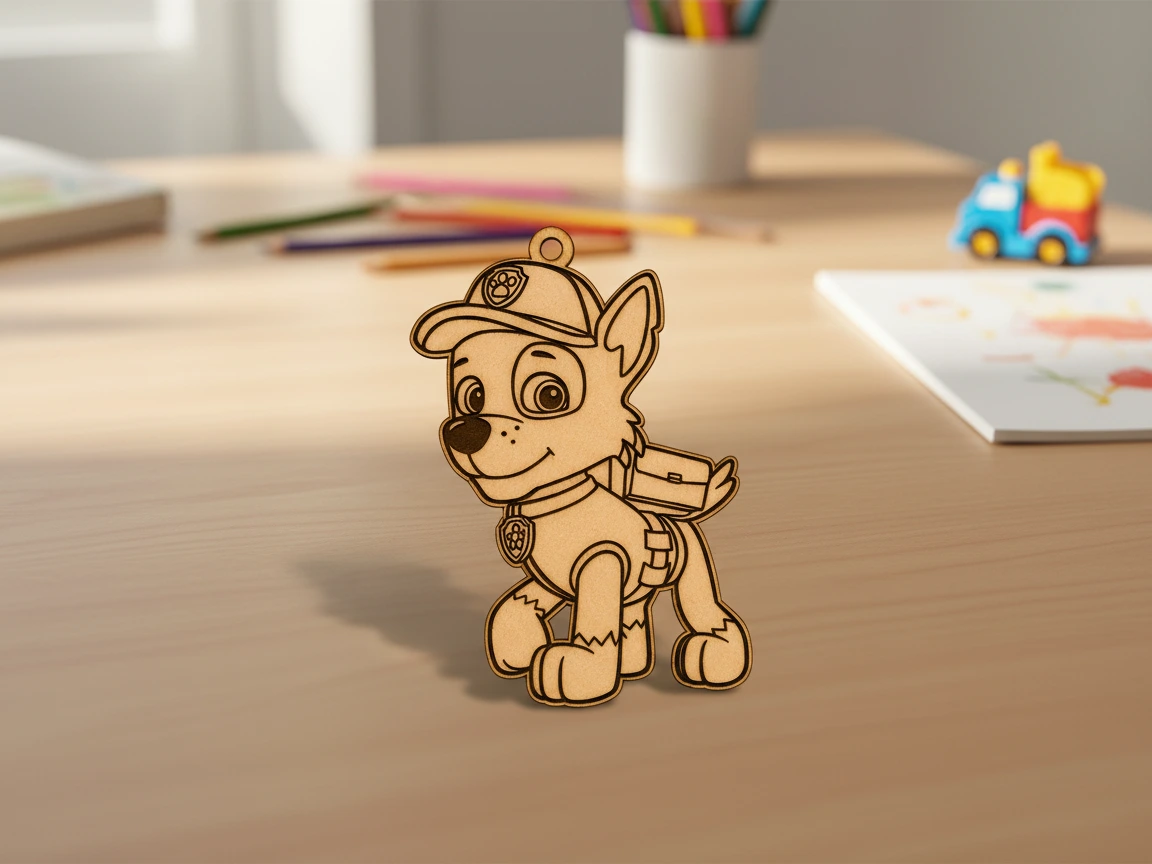 Holz-Schlüsselanhänger mit Cartoon-Design des Recycling-Welpen Rocky aus PAW Patrol, lasergraviertes süßes Figuren-Accessoire für Schlüssel, Rucksäcke oder Geschenke