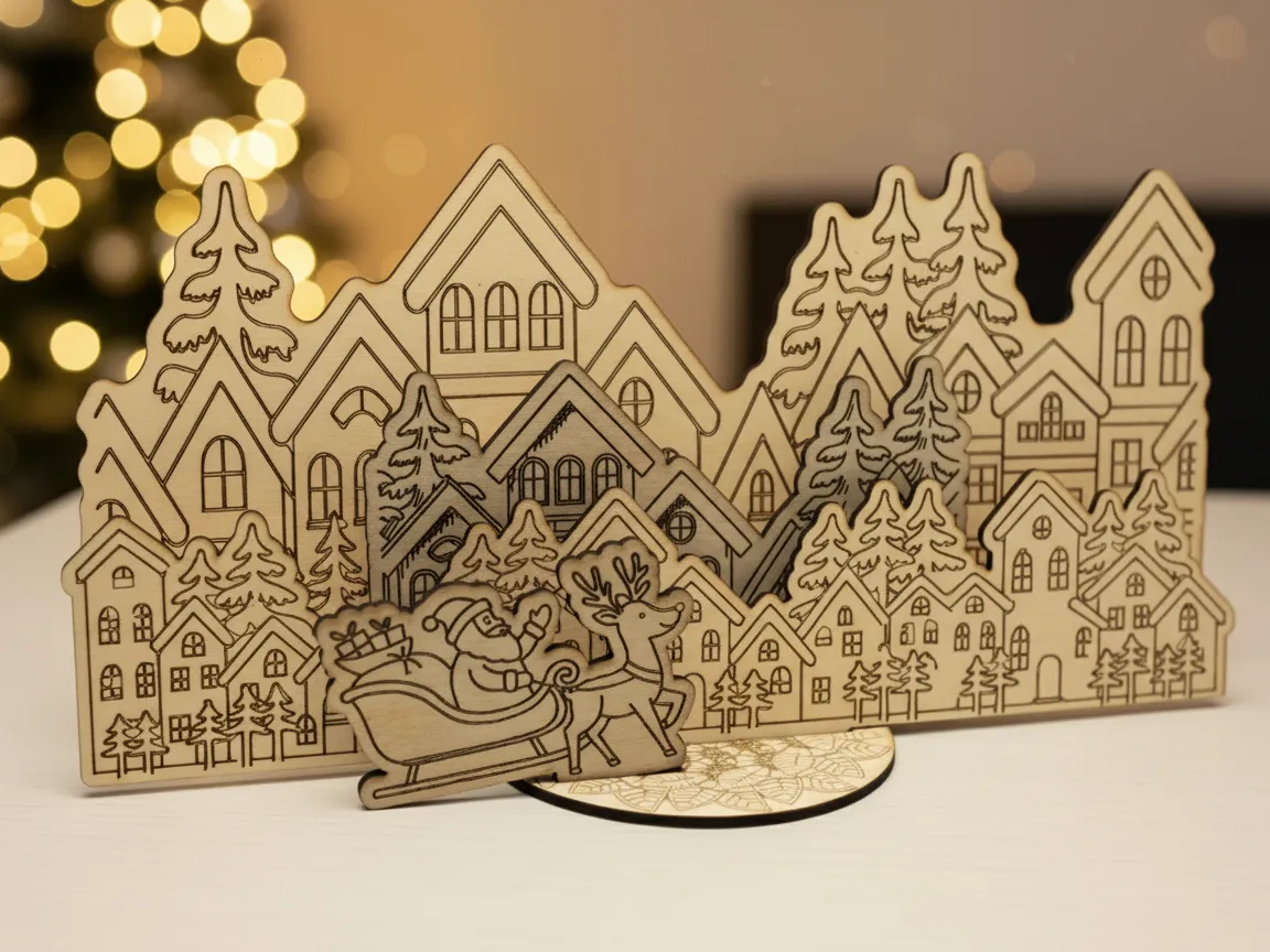 Christmas village decoration with Santa sleigh laser cut scene