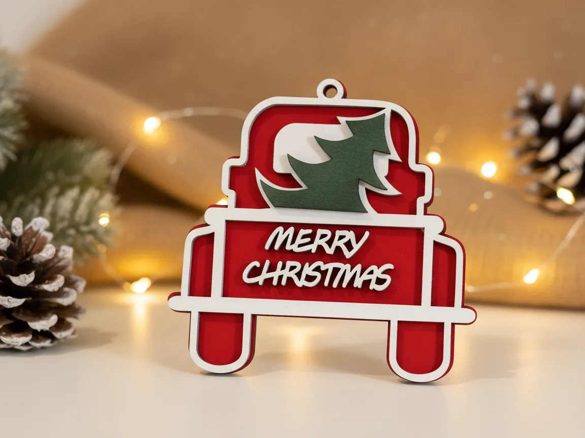 Laser Cut Merry Christmas Truck Ornament with Tree Decoration