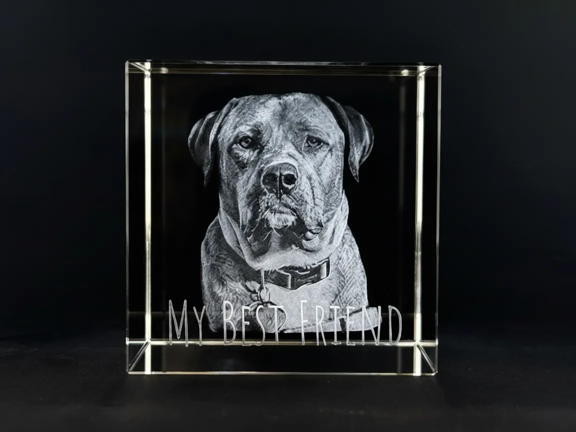 Mans Best Friend: Engraved Dog Crystal laser engraved pet portrait idea
