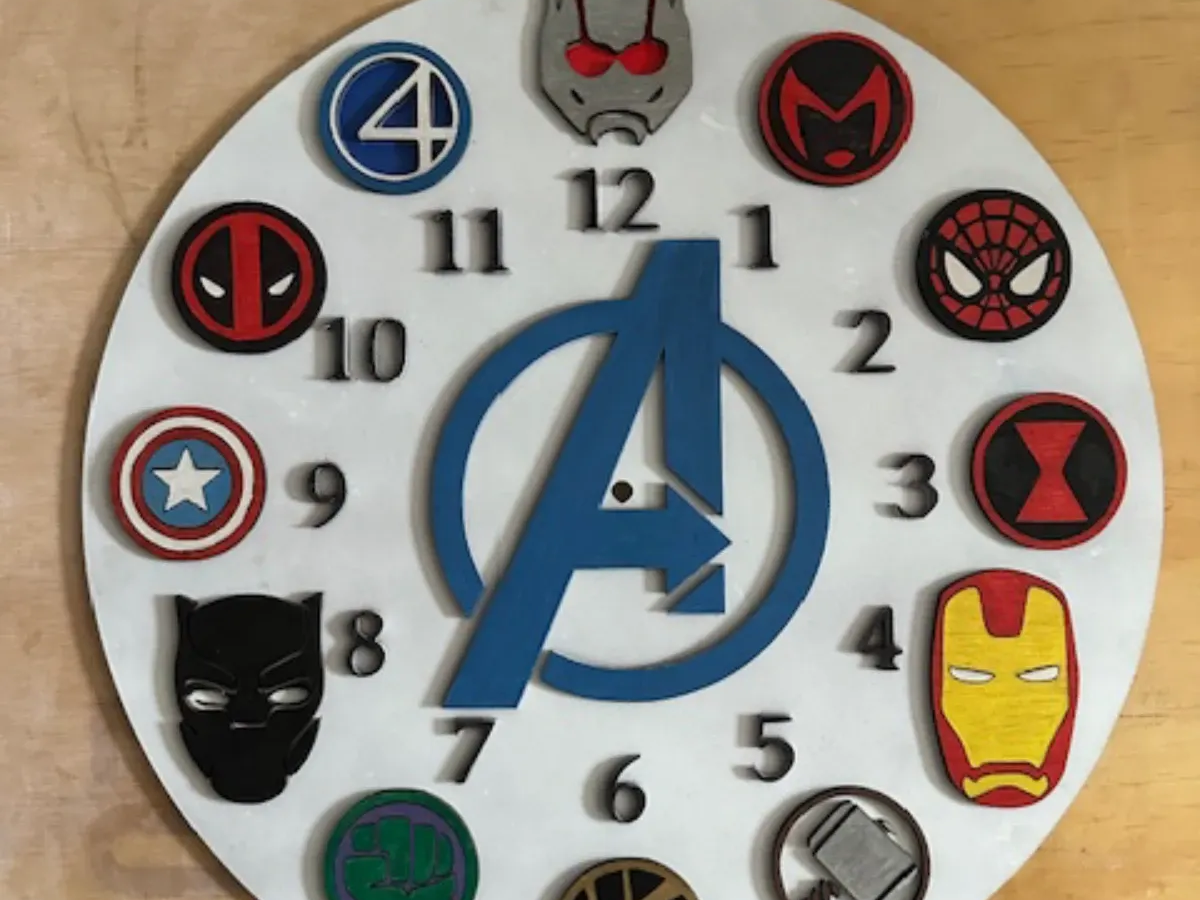 Kids Avengers wall clock with hero icons at each hour