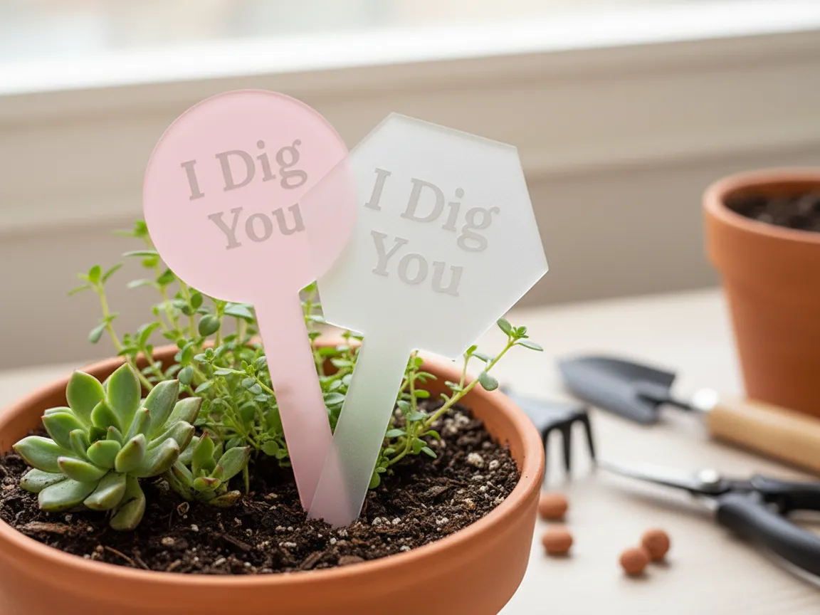 Marqueurs de plantes gravés au laser avec texte « I Dig You » en rose et blanc - modèle de décoration de jardin