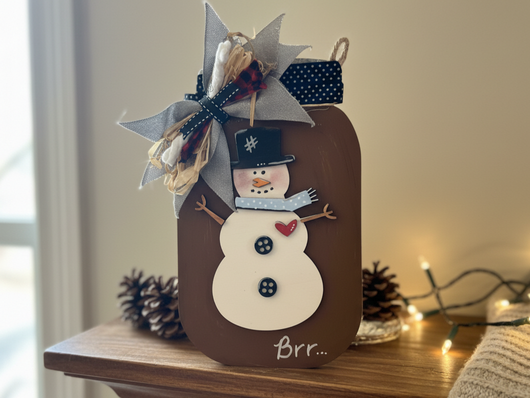 Cartel de frasco de mason con muñeco de nieve para decoración invernal del hogar