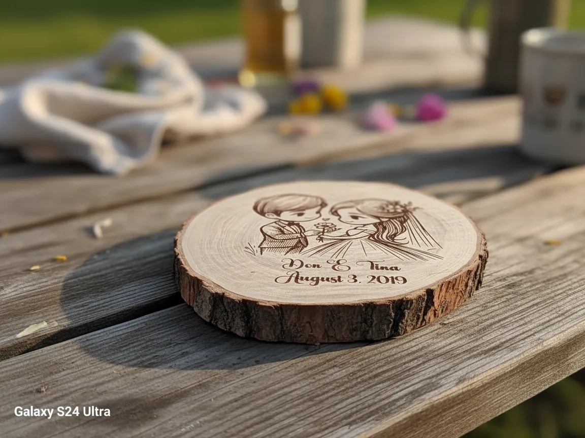 Personalized Wedding Wood Slice with Couple Illustration valentines day gift for men design