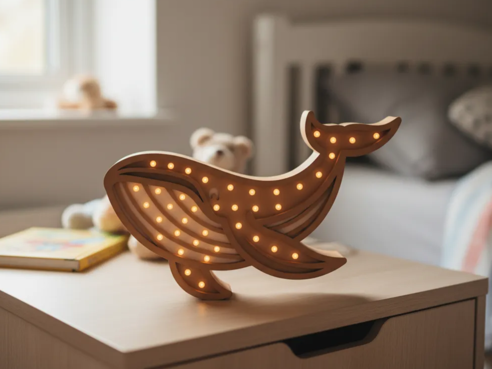 Laser Cut Wooden Whale Night Light with LED Bulbs laser-cut night lamp idea