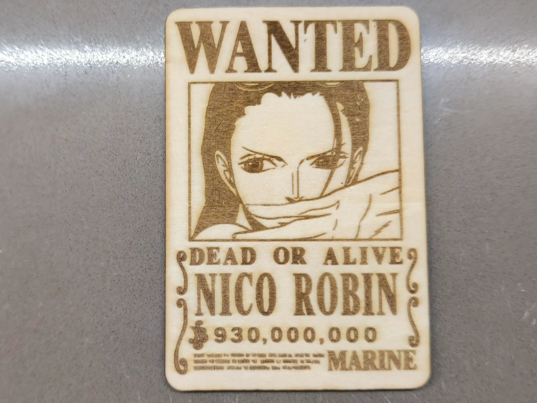 Wooden engraved wanted poster of Nico Robin with bounty amount One Piece gift idea