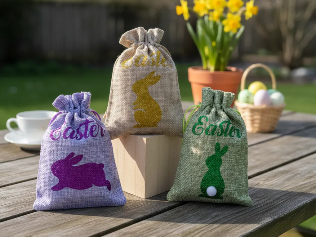 Easter-themed heat-pressed linen drawstring bag