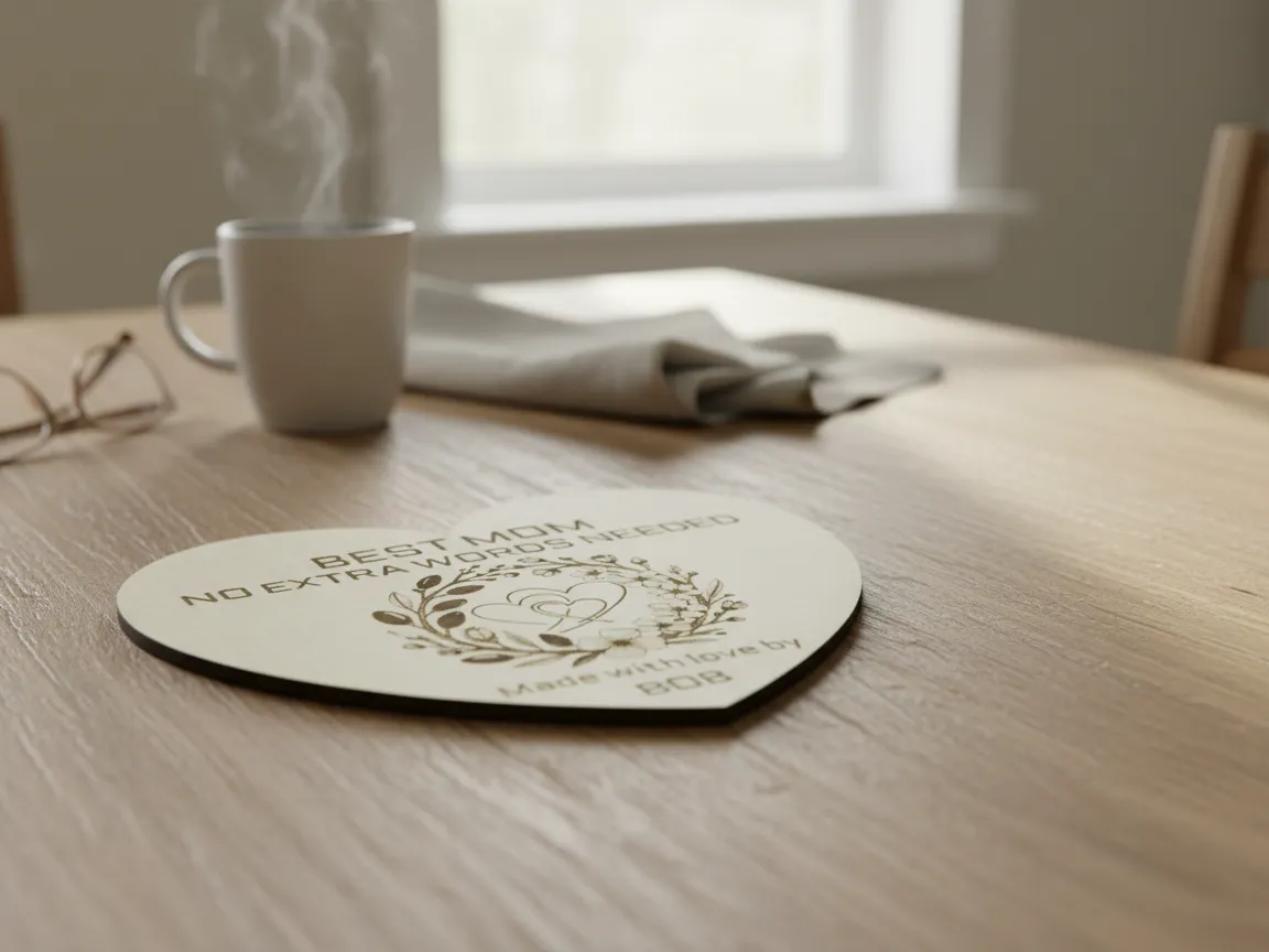 Heart shaped Best Mom coaster with floral wreath engraving