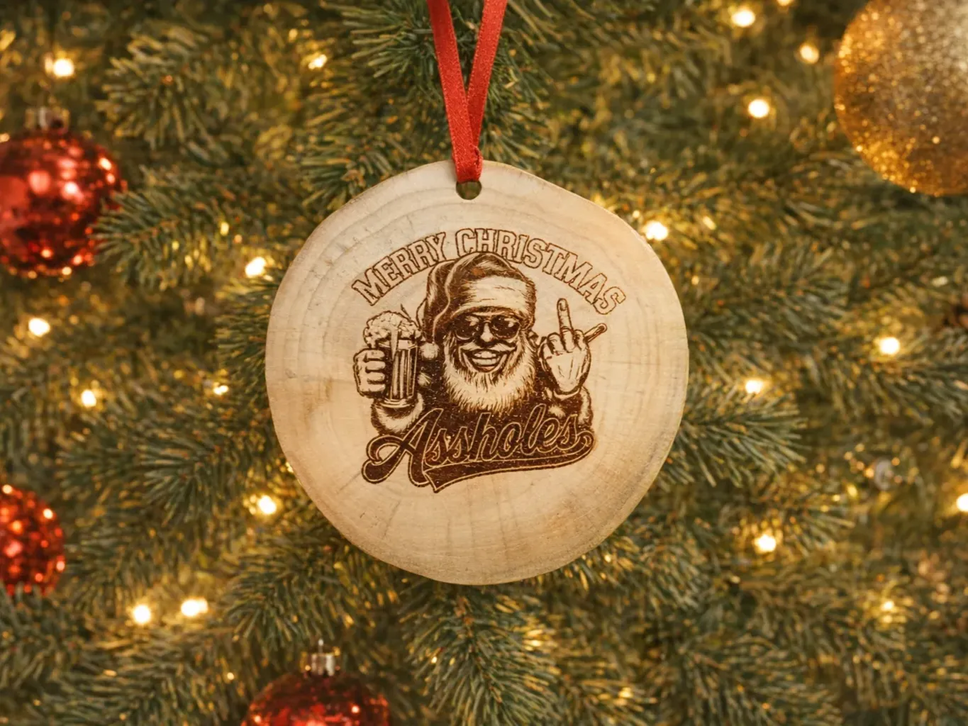 Sassy Santa Wood-Slice Ornament ceiling Christmas decoration idea