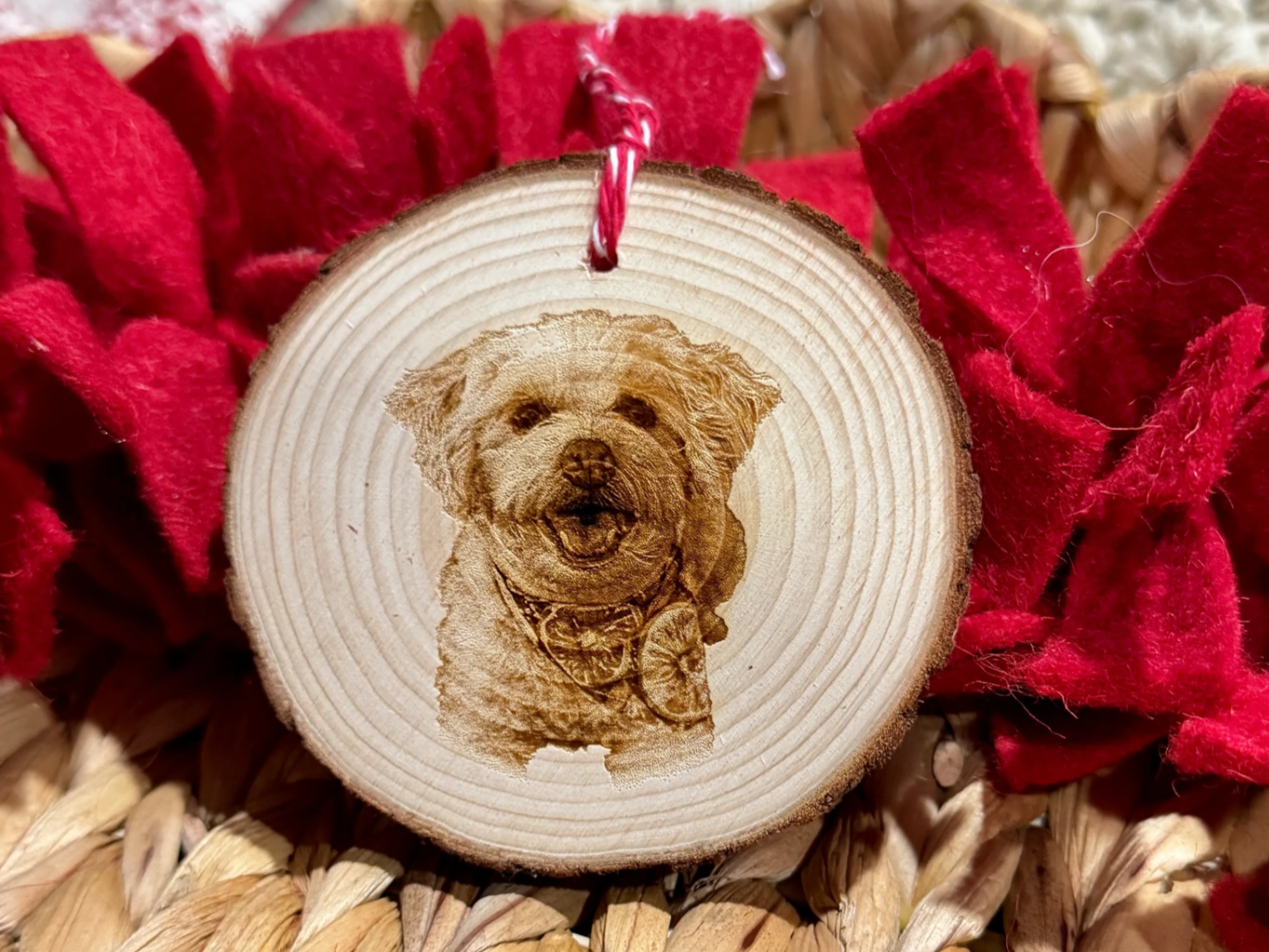 Pet photograph engraved onto a rustic natural wood slice