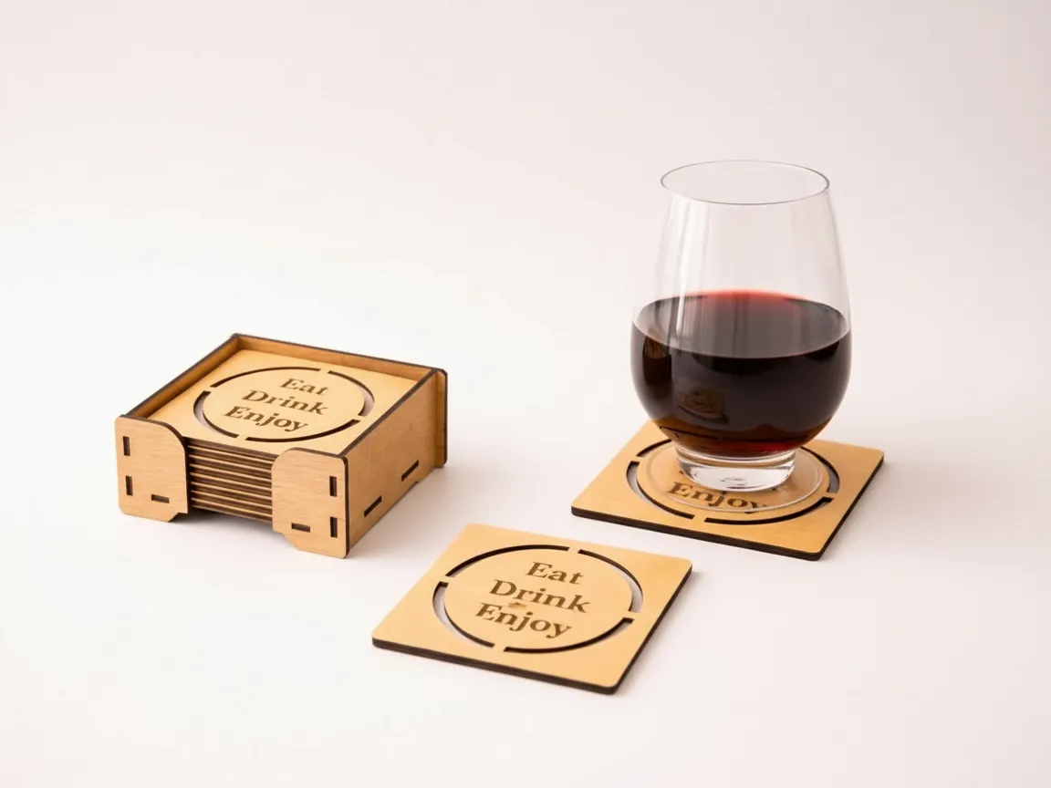 Lasergeschnittenes Getränkeuntersetzer-Set mit Halter | „Eat Drink Enjoy“-Design Laserdesign