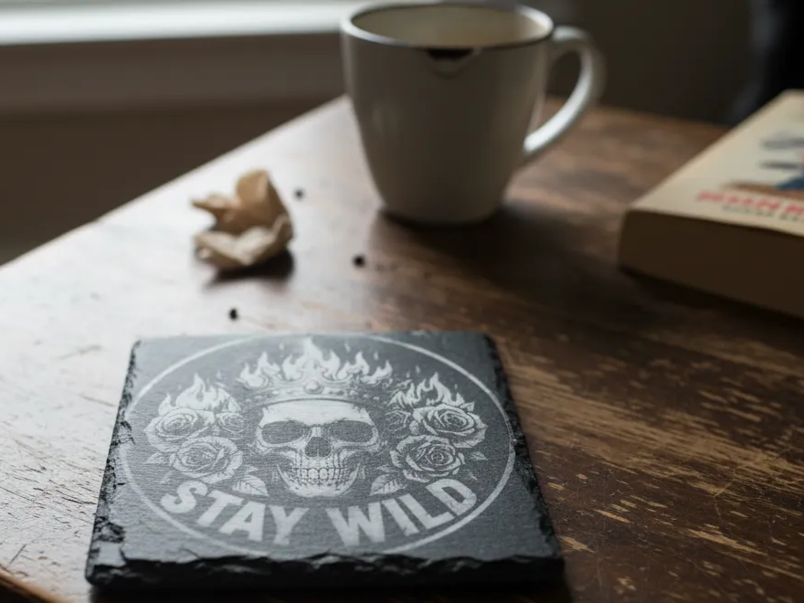 Black rock coaster with laser engraved artwork
