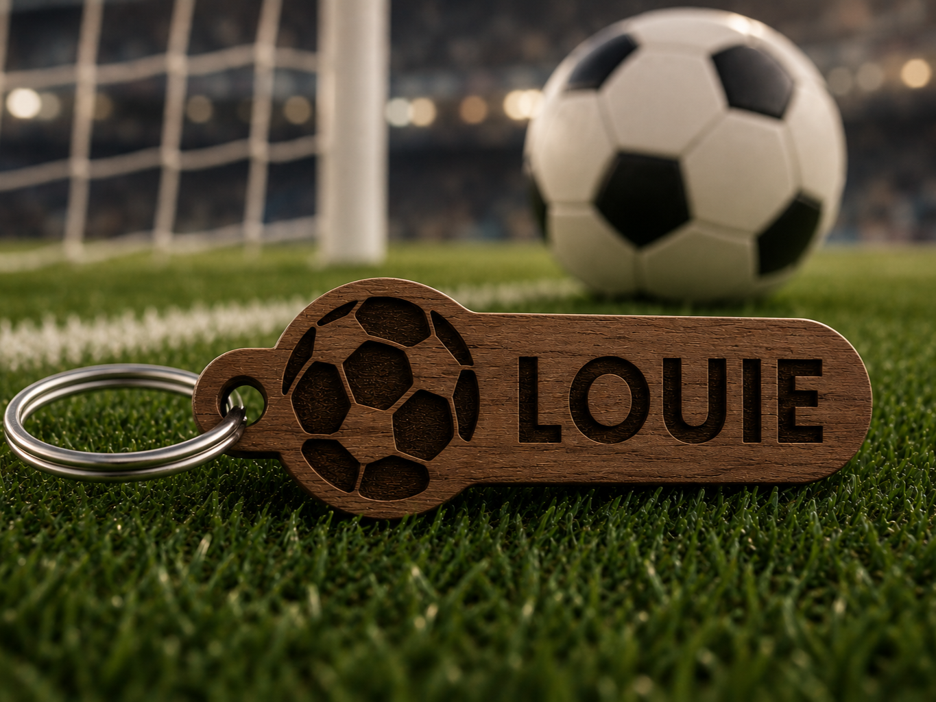 Personalized wooden soccer ball keychain with name design