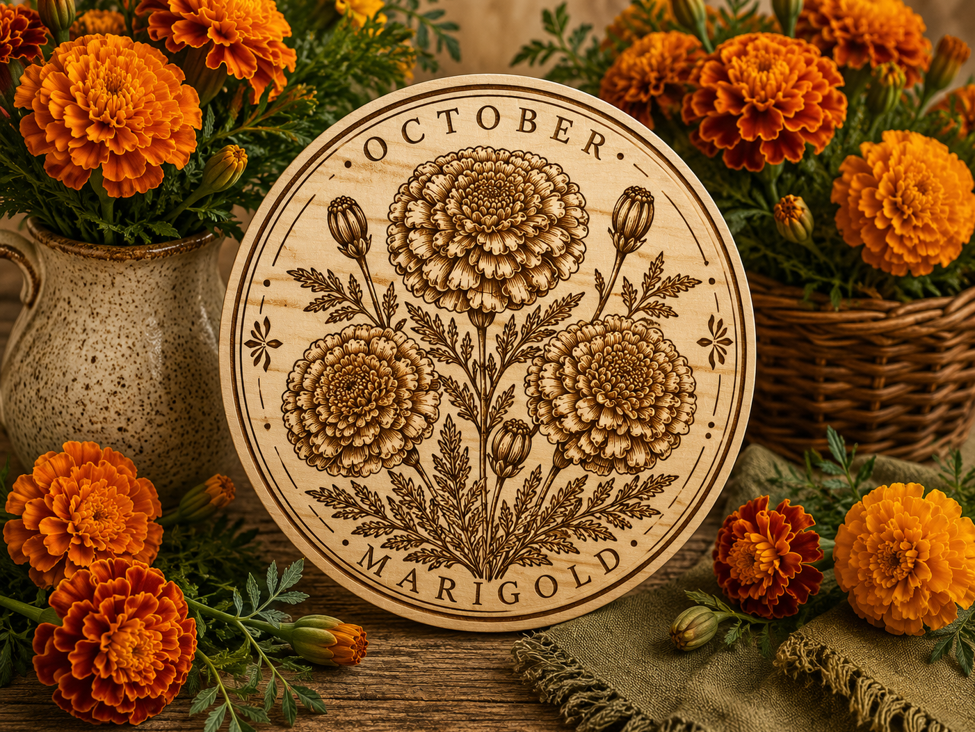 Laser cut coaster featuring October's birth flower, the marigold