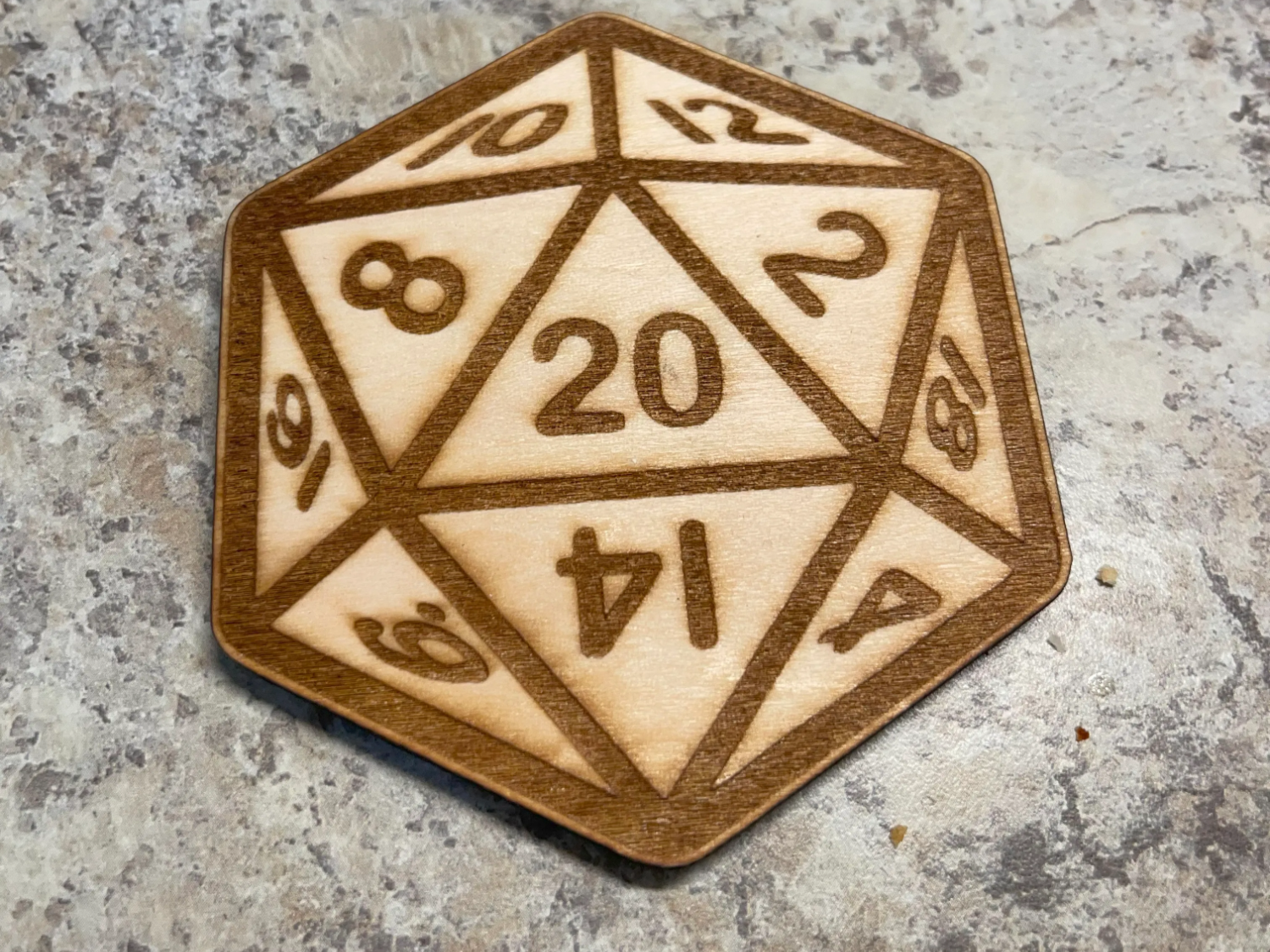 Wooden D20 Dice Coaster with Engraved Numbers