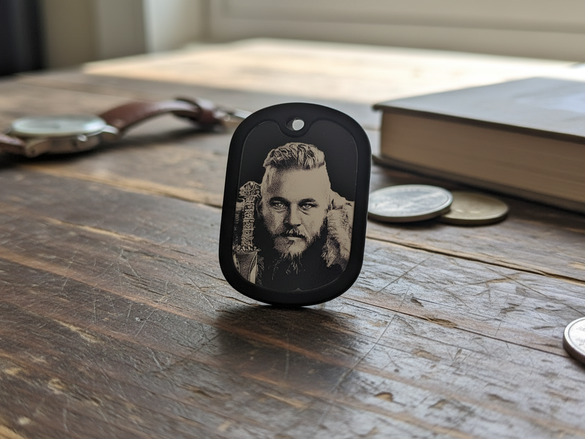 Black Dog Tag with Warrior Ragnar dog tag pendant design