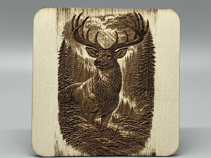 Laser-Engraved Wooden Deer Coaster with Forest Design