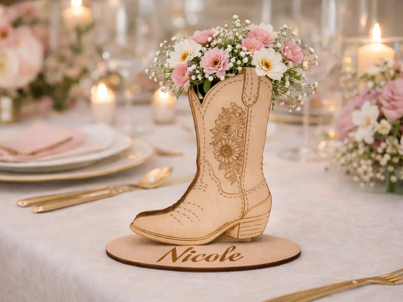 Floral Cowboy Boot Table Centerpiece Vase with Personalized Name