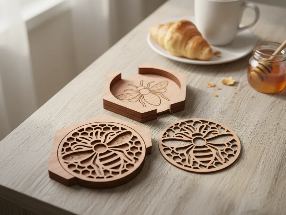 Set of honey bee themed wooden cup coasters with matching stand