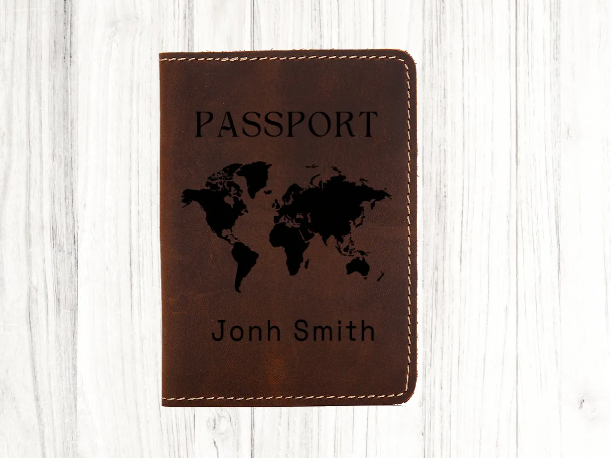 Personalized Leather Passport Holder with World Map and Name boyfriend birthday gift idea
