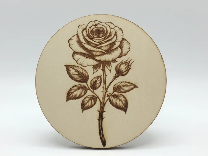 Dessous de verre rond en bois avec illustration de rose