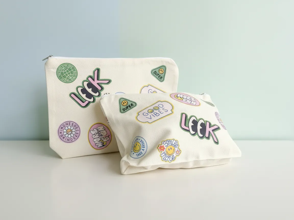 Canvas Zipper Pouches with Colorful Printed Stickers Design