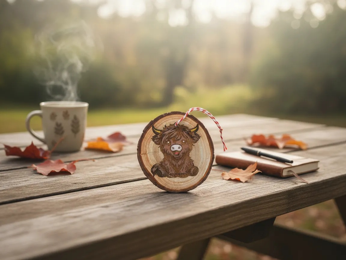Wooden ornament engraved with a Highland cow and red string