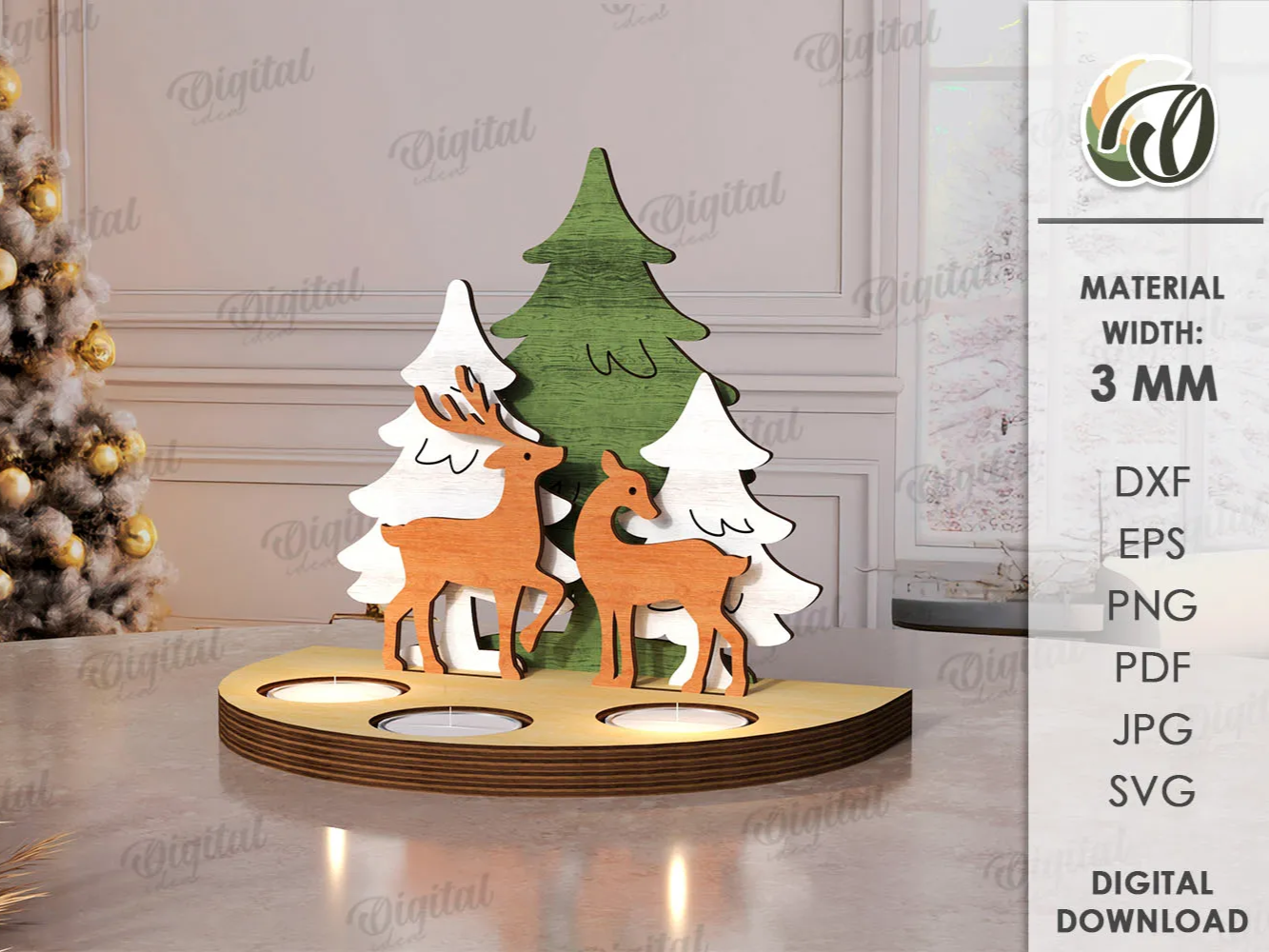 3D Christmas candle holders set of three with a stand and reindeer motif