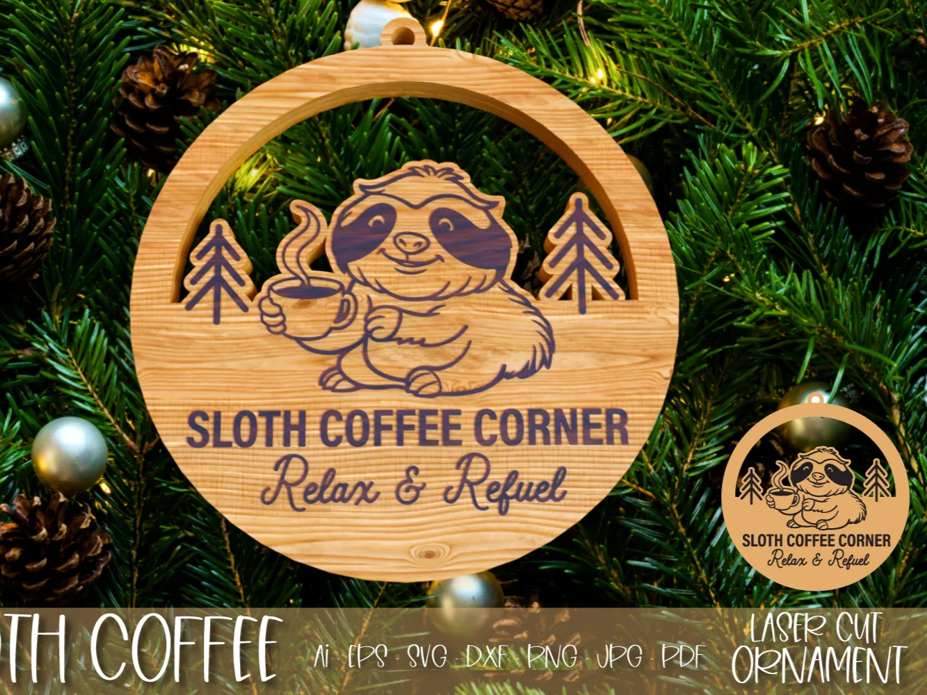 Laser Cut Sloth Coffee Corner Wooden Christmas Ornament | Ready to Use ...