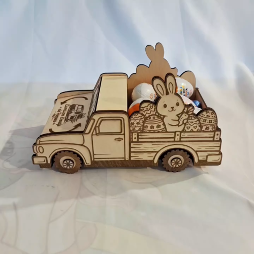 [Laser cut and engrave] Boîte en bois gravée laser camion de Pâques avec œufs et roues fonctionnelles