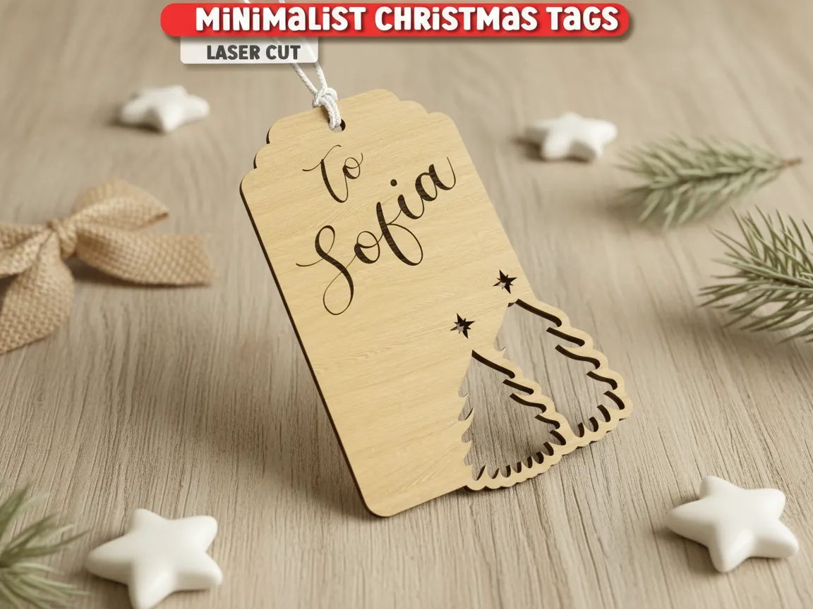 Minimalist Wooden Christmas Gift Tag with Tree Cutouts christmas gift design