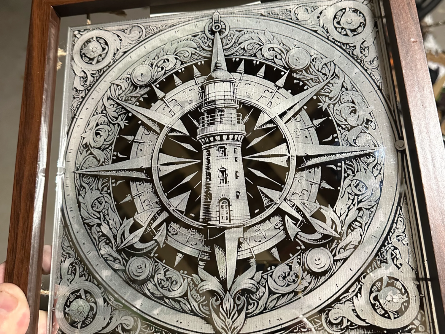 Lighthouse Nautical Compass Engraved On A Mirror laser cut summer decor design