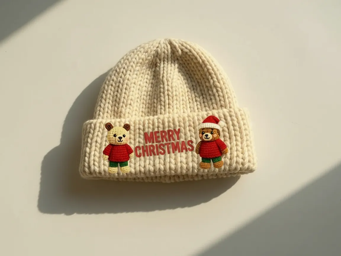 Knitted Christmas beanie with cute bear embroidery