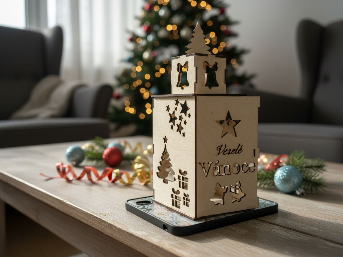 Laser cut wooden Christmas candle holder with holiday designs
