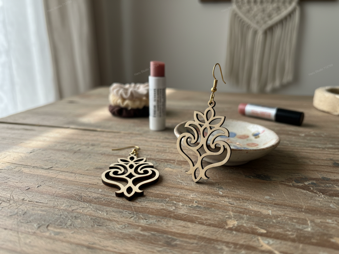 Filigree Scroll Motif Wooden Drop Earrings earring design