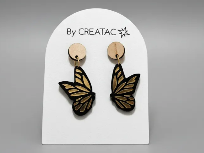 Butterfly Earrings in Black Acrylic, Gold Vinyl & Basswood earring design