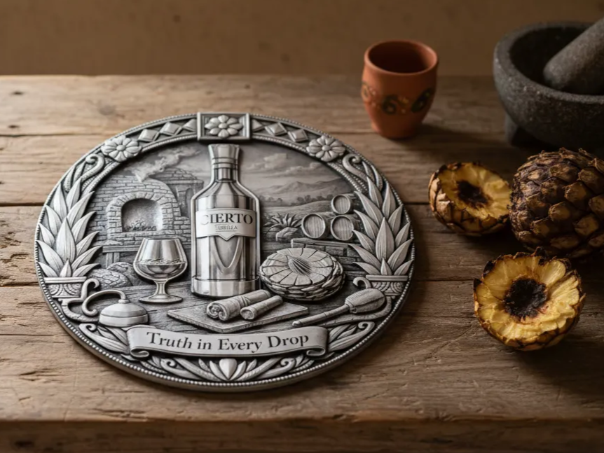 Embossed metal Cierto Tequila design usable as a wall plaque, coaster, or coin