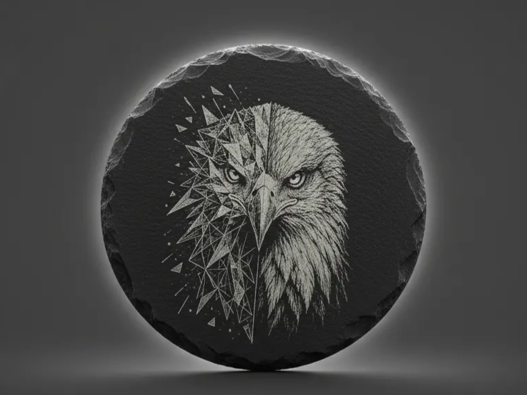 Eagle head illustration made of angular geometric shapes on round slate coaster
