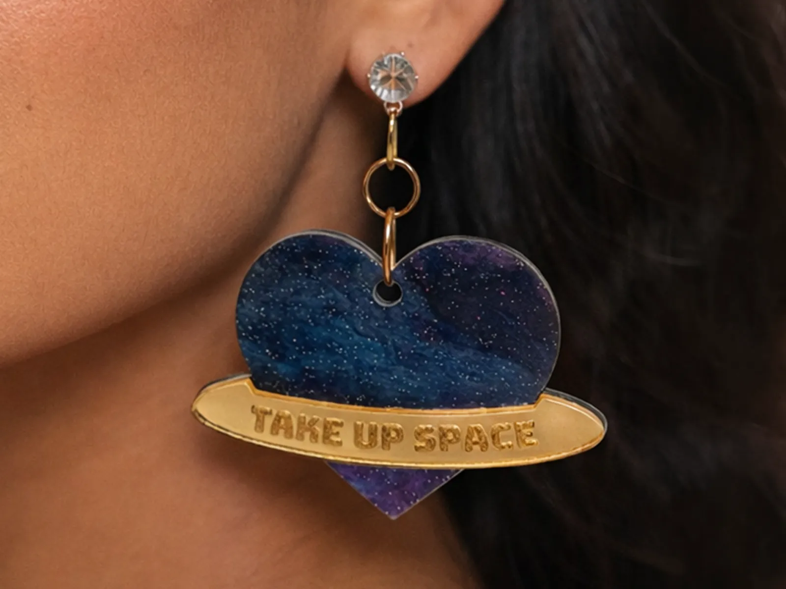Galaxy Heart-Shaped Earrings with "Take Up Space" Text gift for her design