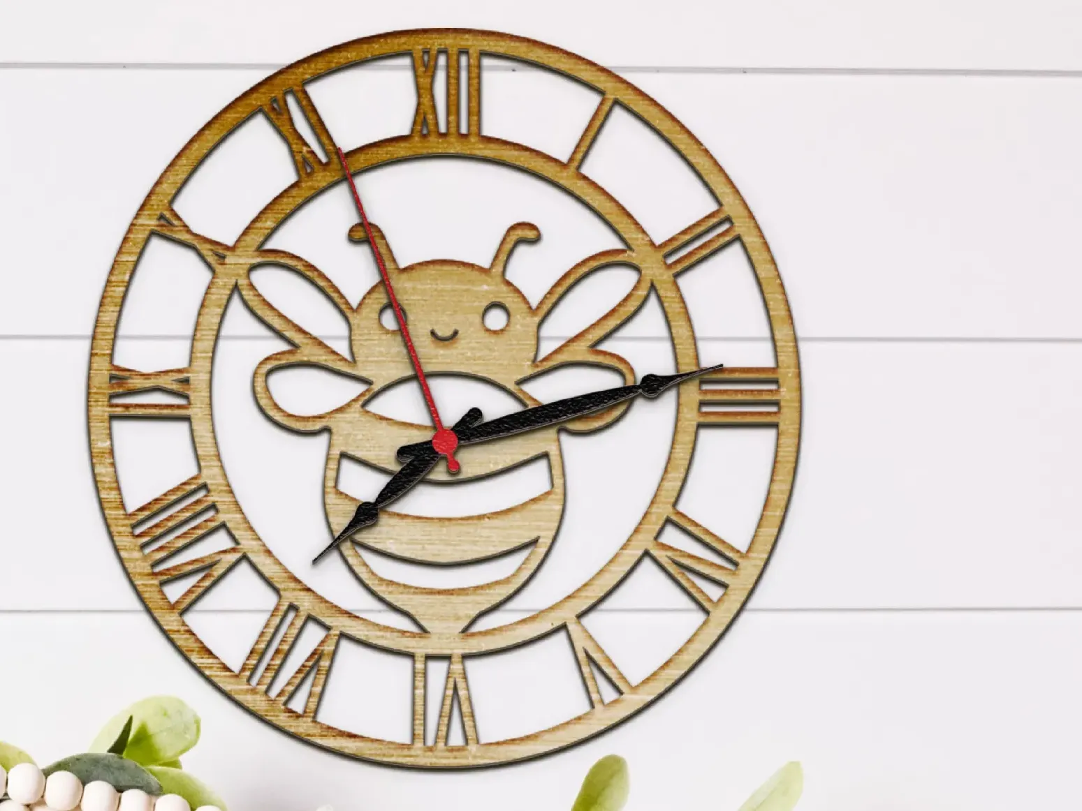 Laser Cut Wooden Bee Wall Clock with Roman Numerals. wood clock idea
