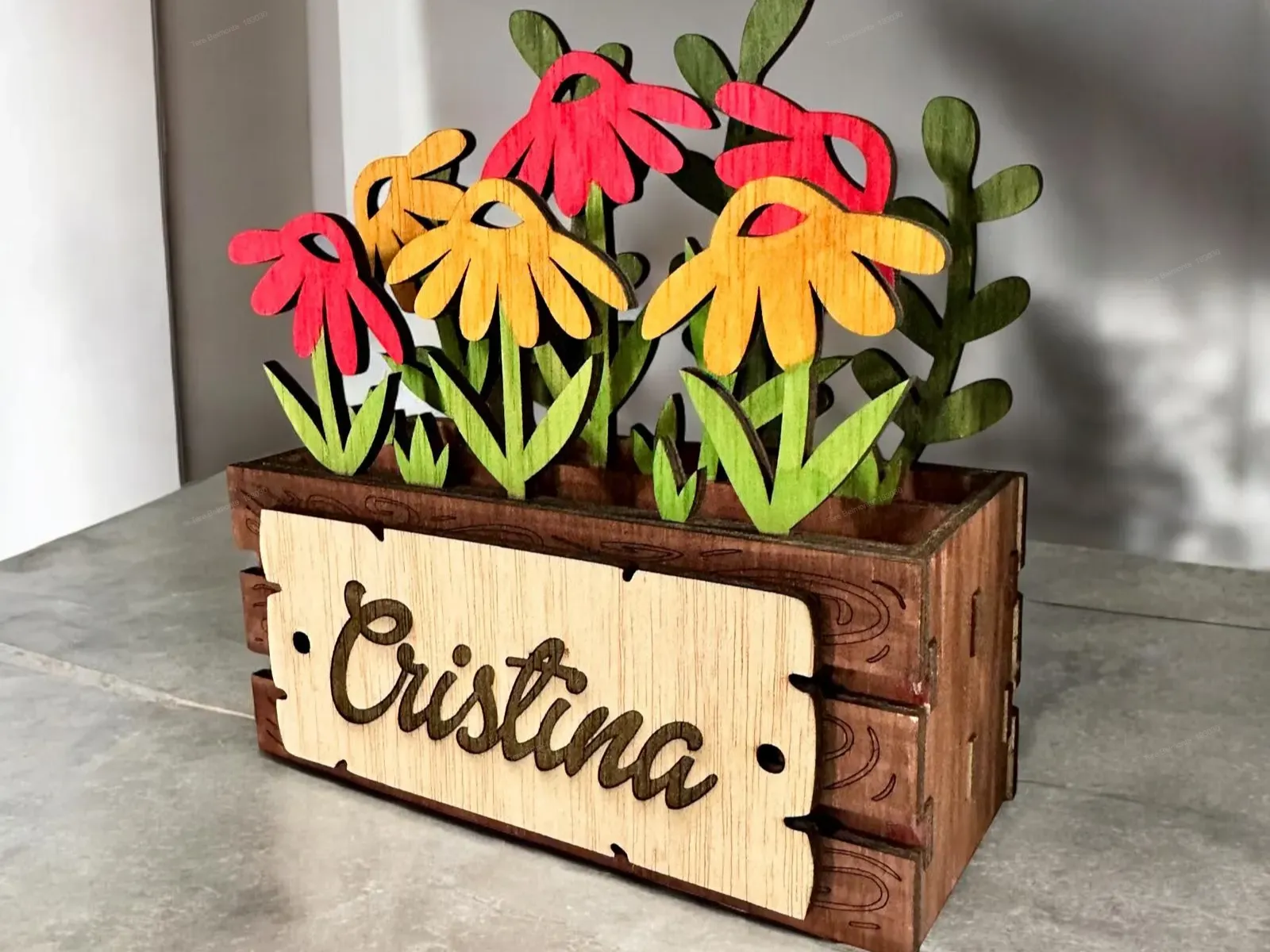 Custom Wooden Flower Box with Name "Cristina" wooden flower design