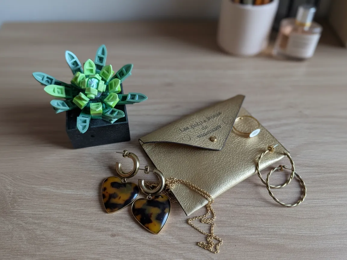Pochette à Bijoux Dorée avec Boucles d'Oreilles (Gilded Jewelry Pouch with Earrings) mother's day gift design